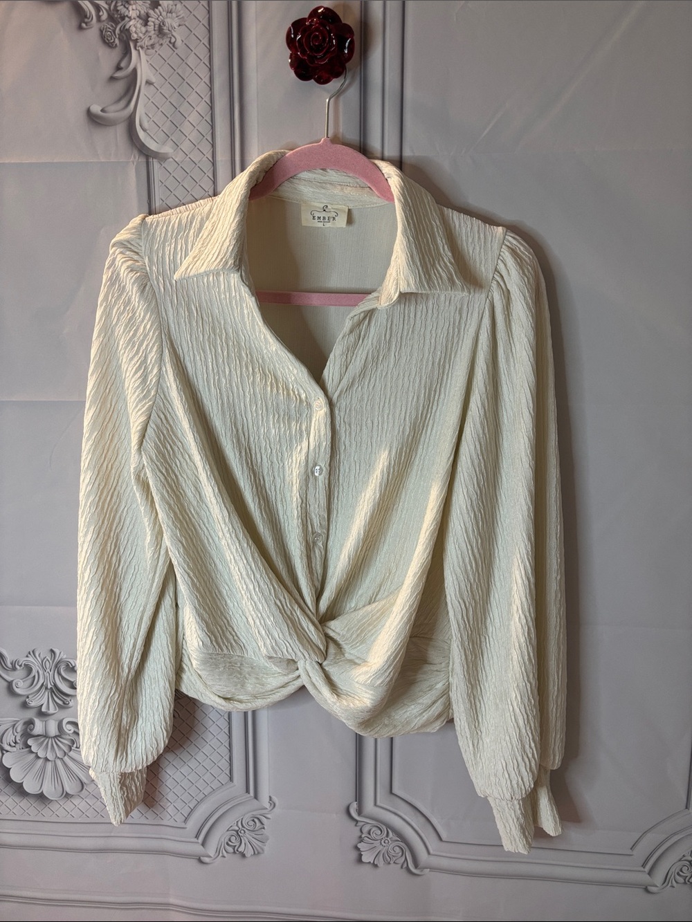 Ember Cream Twist-Front Long-Sleeve Blouse, Size Large